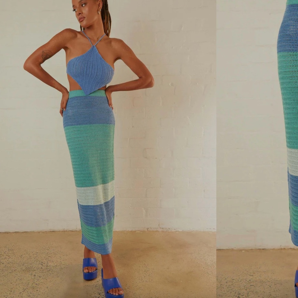 Peppermayo Exclusive - Sand Dunes Crochet Maxi Skirt - Azure Stripe